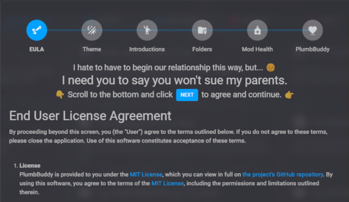 An image of the top of the End User License Agreement, with the other tabs visible as a line of circles along the top image
