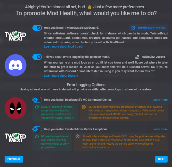 An image of the Mod Health settings as described above: ModGuard (with a Twisted Mexi icon to the left) and the error setting (with a discord icon to the left) toggled on, then a heading Error Logging Option, with toggles for Mc Command Center and Better Exceptions toggled off, and a brief explanation of some of the benefits and drawbacks of each image