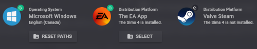 An image showing that the user is using Windows and English (Canade), with a Reset Paths button below, and the EA App, with a Select button below, and a Steam symbol to the right with no button below image