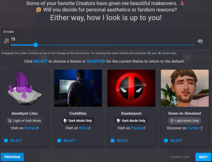 An image with a slider at the top, with the number 75 above it, and some of the theme choices available in PlumbBuddy below image